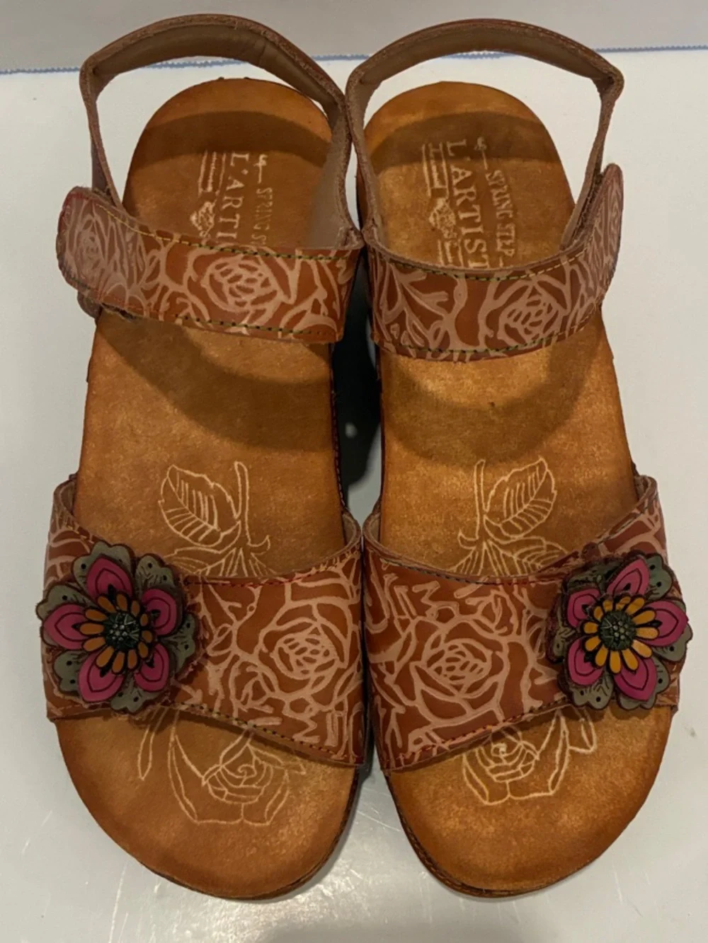 L'ATISTE by Spring Step Cuteness Leather Floral Wedge Sandals